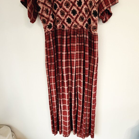 Vtg Embroidered Tie Dye Plaid Empire Waist Short Sleeve Maxi Dress Sz S Boho Y2K - Picture 6 of 16